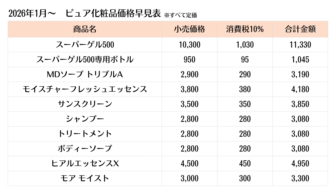 ピュア化粧品価格表